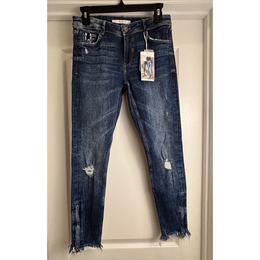 Zara Trafaluc Women's Damaged Skinny Jeans US 6 Blue Distressed Zip Ankle NWT
